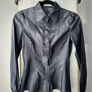 Prada Black Silk Blouse with Ruffle Insert at Chest